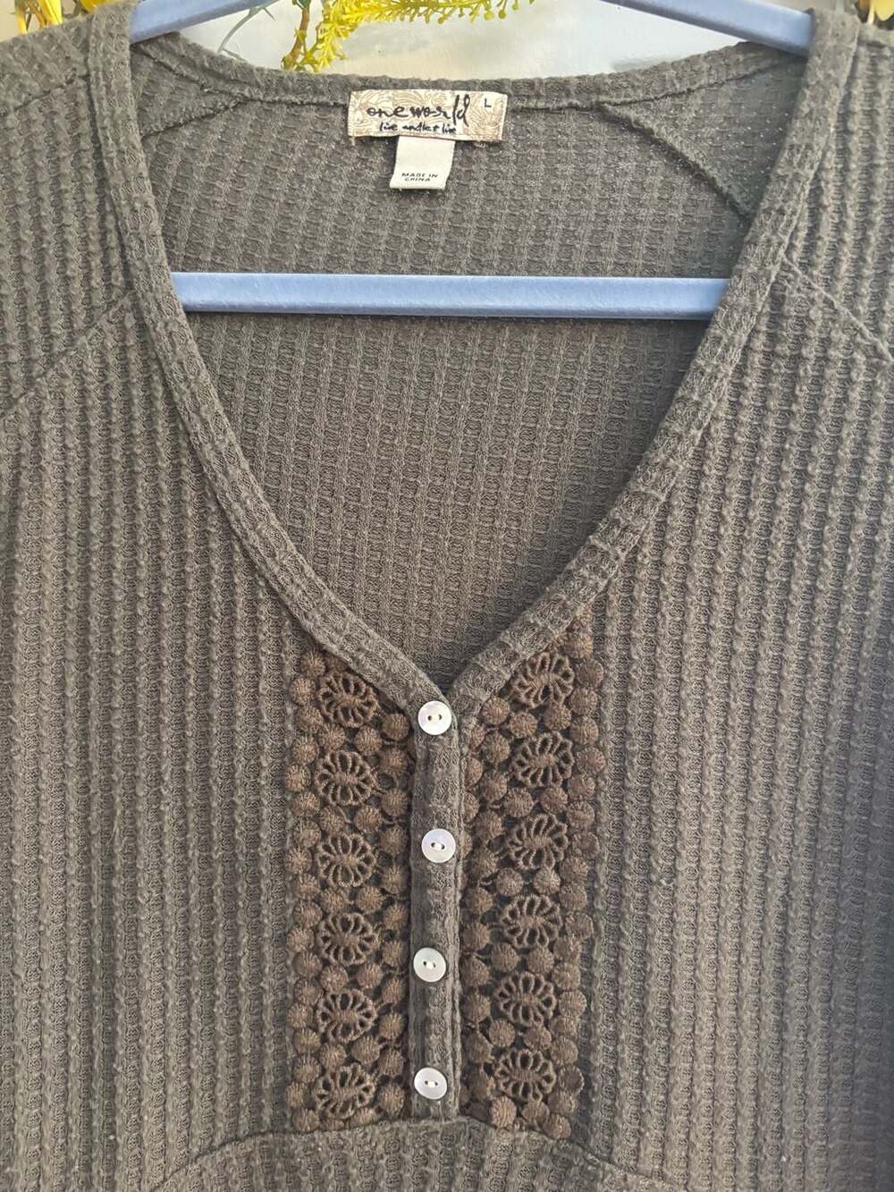 One World Live and Let Live Women's Olive Waffle Knit Henley Tunic with Crochet